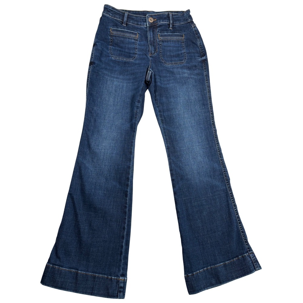 J. Jill Curvy High-Rise Flare Jeans Dark‎ Wash Blue Front Patch Pocket 2P Petite